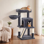 Feandrea Cat Tree, 37.8-Inch Cat Tower, Multi-Level Condo with Widened Perch, Scratching Posts and Ramp, 2-Door Cave, Hammock, Smoky Gray UPCT51G