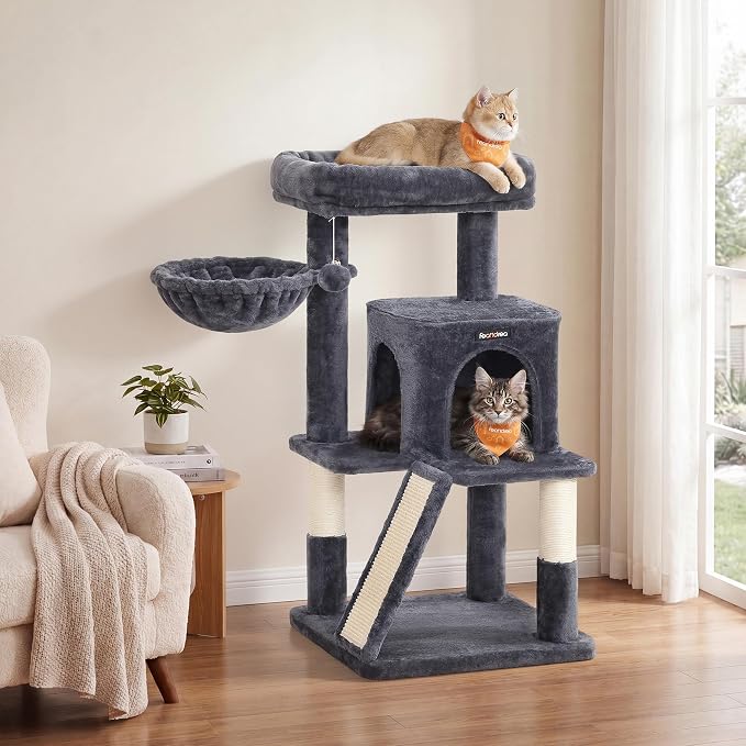 Feandrea Cat Tree, 37.8-Inch Cat Tower, Multi-Level Condo with Widened Perch, Scratching Posts and Ramp, 2-Door Cave, Hammock, Smoky Gray UPCT51G