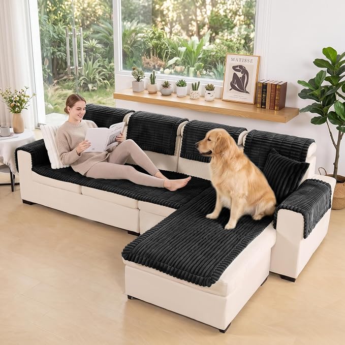 FUANGUI 2 Pack Waterproof Couch Cover for Dogs Pets Sofa Protector | Non-Slip Washable Fuzzy Soft Sofa Slipcover for 2 PCS L Shaped Sofa Pet Friendly, 27.6" x 70.9"+27.6" x 82.7", Black