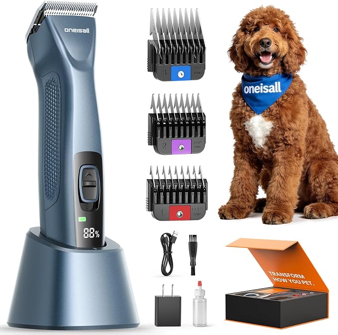 oneisall Professional Dog Grooming Clippers Metal Combs A5 Blade | 3700SPM 2-Speed, 2600mAh Swappable Battery, Low Noise Dog Grooming Clippers for Thick Long Curly Matted Hair