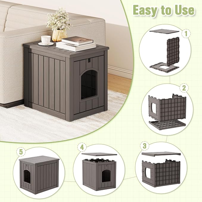 Cat Litter Box Enclosure, Feral Outdoor Cat Enclosure Weatherproof for Winter Outside, Litter Box Furniture Fit Litter Box, Sturdy Resin Shelter for Living Room, Easy to Assemble, Grey