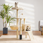 Heybly Cat Tree with Cat Self Groomer Brush, 42.5 inch HCT005SM | Cat Tower Condo for Indoor Cats with Padded Plush Perch, Cat House with Basket Scratching Board Post, Beige