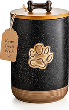 Miamolo Dog Treat Container Airtight Seal, Training Dog Treat Jar with Lid | 8 Cups, Cast-iron Handle | Ceramic Dog Food Storage Container, Rustic Pet Cookie Jar, Gift for Dog Lovers | Paw Dotted Black
