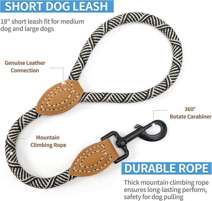 Mile High Life Short Dog Leash with Genuine Leather Connection | Rope Leash, Heavy Duty 360° Swivel Metal Clasp, for Small Medium & Large Dogs (White, 48 Inch)