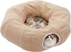 PEQULTI Beige Donut Cat Tunnel Bed Washable Plush Mat Multi for Small Pets | Round play tube with soft detachable plush mat, multi-pet toy fit indoor cats, kittens, puppies, rabbits and ferrets