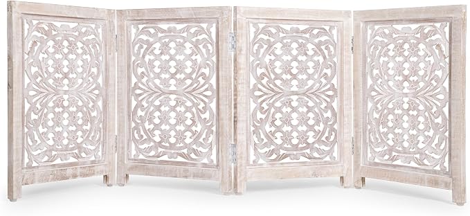 Lightnpro 4-Panel Carved Wooden Dog Gate with Stopper – 72 Inch Extra-Wide Foldable Freestanding Pet Barrier, White Wash Indoor Safety Fence for Small Dogs & Puppies – 24x18 Inch Panels