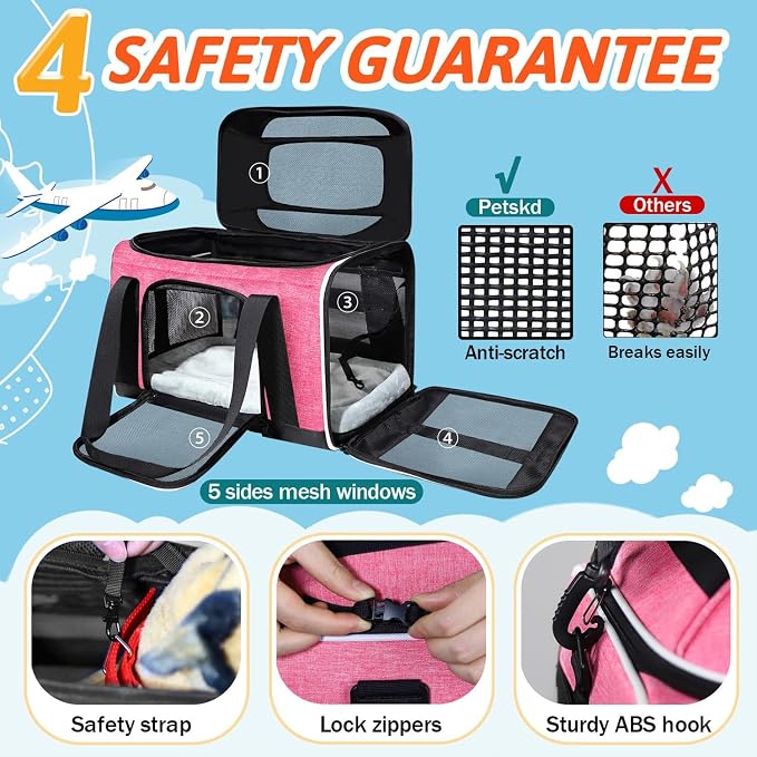 Petskd Top-Expandable Small Pet Carrier 18"x11"x11" Airline Approved | for Delta/American/United Airlines, Lockable Safety Zippers and Anti-Scratch Mesh, Soft-Sided, Pets Under 10 Lbs, Pink