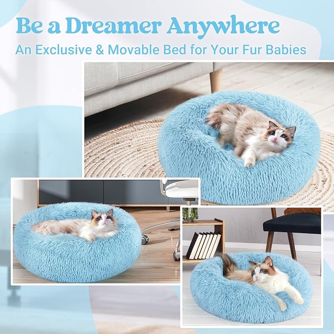 rabbitgoo Calming Cat Beds for Indoor Cats, 20 inches, Light Blue | Soft Warm Donut, Fluffy Faux Fur, Supportive Raised Rim, Anti-slip, Machine Washable, Up to 15lbs Kittens & Small Cats