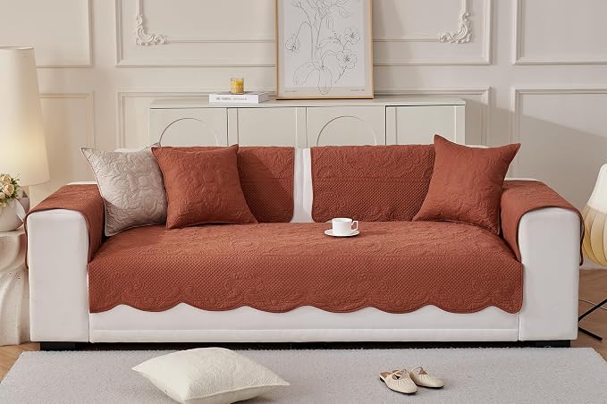 Luxury Vintage Cotton Embroidery Sofa Cover Soft Farmhouse Seat Cushion Cover Floral Quilted Sectional Couch Cover Anti-Slip Sofa Slipcovers Furniture Protector for Dogs Cats (Orange,36"x36")
