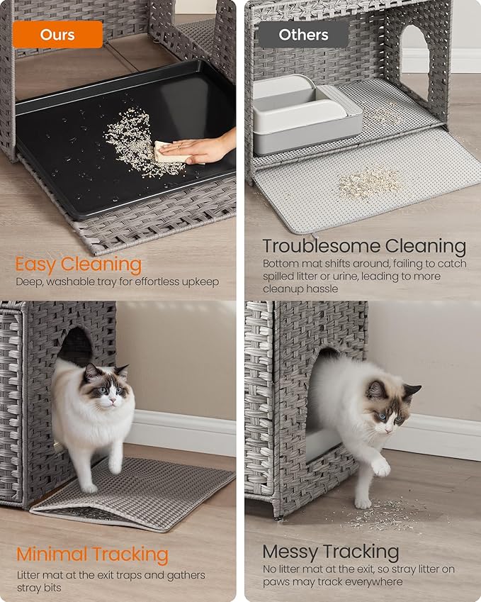 Feandrea Cat Litter Box Enclosure, Handwoven Rattan Hidden Furniture | Extra Litter Mat, Removable Washable Tray, Boho Cat House, End Table, Dove Gray UPCL014G01