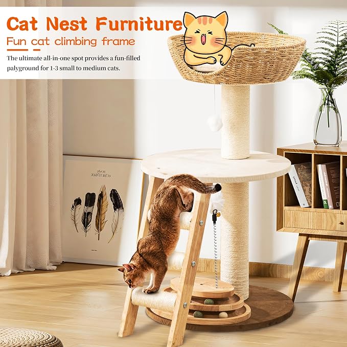 Modern Cat Tree for Indoor Cats, 30 in Cat Tower with Basket Bed | Interactive Play Base, 8cm Thick Sisal Scratching Posts, Climbing Ladder, Teaser Toy, Replaceable Cooling & Plush Mats
