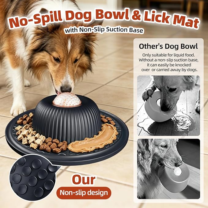 2-in-1 Dog Slow Feeder Bowl & Lick Mat with 2 Rotatable Balls, No-Slip Silicone Anxiety Relief Treat Mat for Dogs & Cats, Dishwasher Safe (Black)