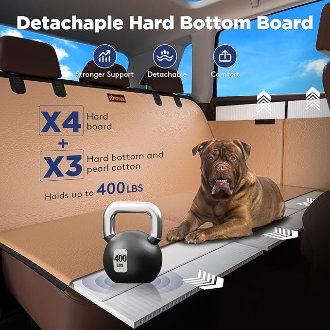 FURTIME Dog Car Seat Cover for Back Seat, Upgraded PU Leather Back Seat Extender with Hard Bottom Holds 400LBS, Waterproof Anti-Scratch, Large Space Back Seat Pet Cover for Car, SUV, Brown