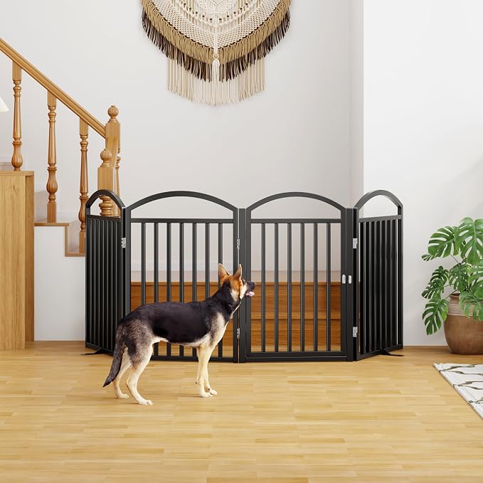 Foldable Pet Fence 96" Wide, 32" Tall,No-Assembly Dog Gate with Door,Black | 4 Panels Metal Folding Freestanding Dog Gate Walk Through,Extra Accordion Puppy Folding Playpen for Doorways, Stairs,House