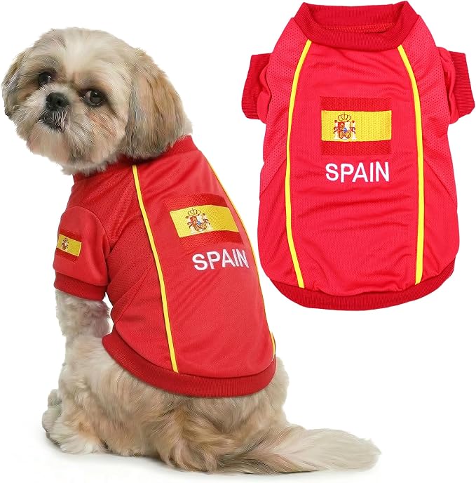 Parisian Pet Spain Dog Jersey - Breathable Mesh Puppy Football Jersey - Lightweight Stretch Sporty Dog Clothes - Summer Shirts for Medium Dogs - Soccer Jersey for Dogs - Sportswear Pet Clothes