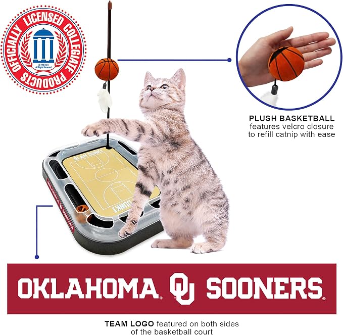 Cat Scratch Toy NCAA OKLAHOMA Sooners REVERSIBLE Basketball Court Felt/Cardboard Cat Scratcher Toy with Interactive Cat Ball Bell in Tracks. 6-in-1 CAT TOY Cat Wand Poll CATNIP-FILLED Plush Basketball