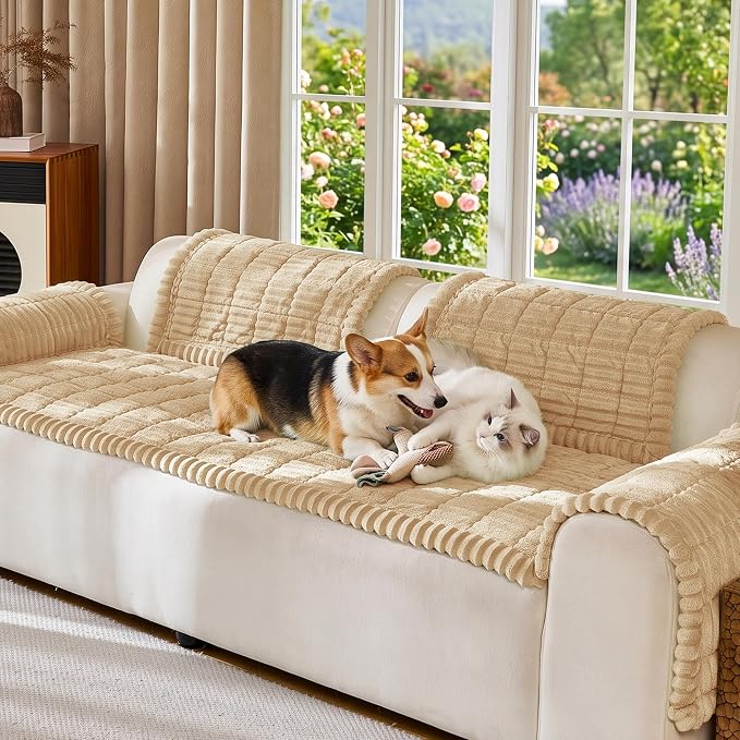 FUANGUI Waterproof Couch Cover Sofa Cover for Dogs and Pets Sofa Protector | Non-Slip Washable Fuzzy Soft Cat Bed Sofa Slipcover for 2-3 Cushion Couch Sofa Pet Friendly, Khaki, 27.6" x 70.9", 1 pcs