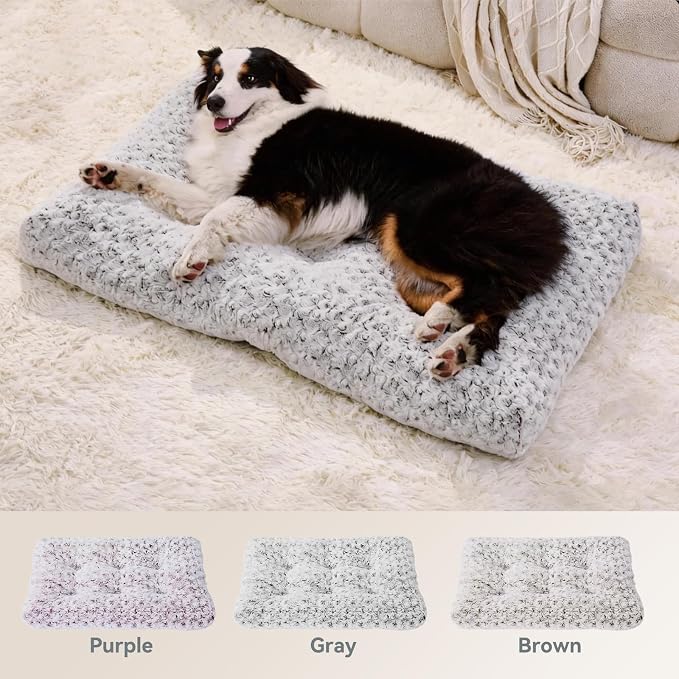 Orthopedic Dog Bed for Dogs, Calming Plush Dog Mat with Thick Cushion Support, Washable Fluffy Pet Bed with Non-Slip Bottom, Soft Indoor Dog Crate Bed (Gray, 23.0" L x 18.0" W x 3.0" Th)