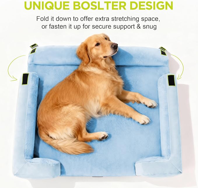 Waterproof Orthopedic Dog Bed for Extra Large Sized Dogs | Memory Foam Pet Bed Sofa with Bolster, Dog Couch with Washable Cover & Non-Slip Bottom, 45x35 Inch, Light Blue