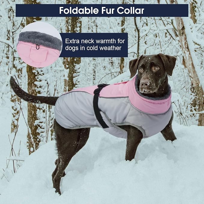 IECOii Extra Warm XXL Dog Coat - Reflective, Adjustable Dog Jacket for Cold Weather Outdoor, Waterproof Windproof Dogs Winter Jacket with Soft Fleece Lined, Machine Washable for Large Dogs, Pink, 2XL