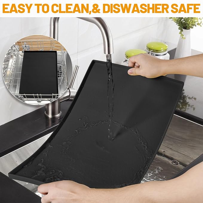 Hubulk Dog Feeding Mat,100% Waterproof Food Grade Silicone Pet Food and Water Bowl Placemat,Dishwasher, High Raised Edge to Prevent Spills,Nonslip Tray to Stop Messes on Floor (19"x12"x0.5", Black)