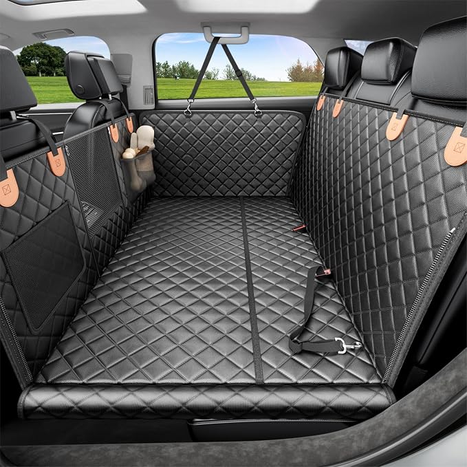REEVAA Dog Car Seat Cover for Back Seat, Hard Bottom, L, Black+Orange | 450 lbs Extender, 45% More Space for 2-4 Large Dogs, Waterproof, Zippered Mesh Window, Fits for SUV Medium Truck