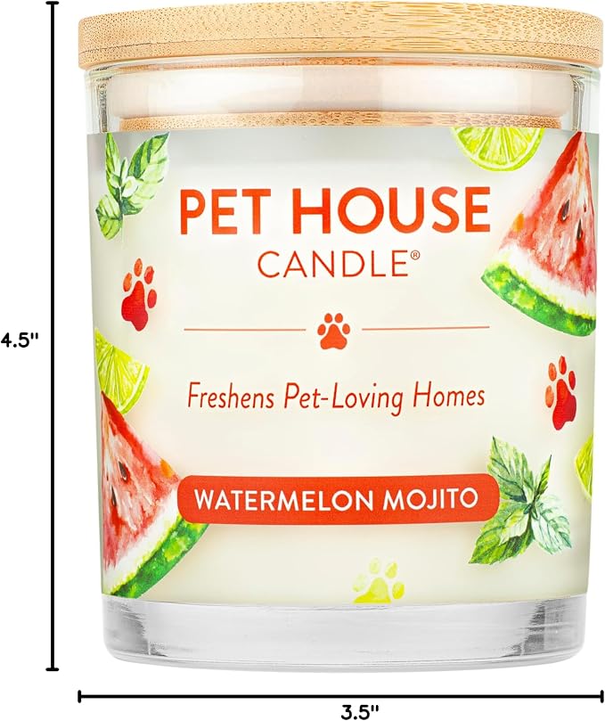 Pet House Candles, Soy-Based, Long Burning Scented Candles for Pet Homes, 60 Hour Burn Time - Watermelon Mojito, 9 oz