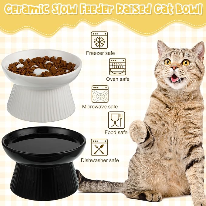 Tioncy 2 Pcs Ceramic Elevated Slow Feeder Cat Bowl, Raised Cat Slow Feeder Bowl, Anti Vomiting for Dry and Wet Food, No Spill High Edge Easy Clean Dishwasher Safe (Black,White)