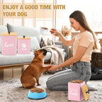 Jingmore Metal Dog Treat Containers Set of 3 with Bamboo Lids and Spoon Airtight 7+3+2 lbs Dog Food Snack Jars with DIY Labels Big Pet Cookie Storage Jar for Kitchen Counter (Pink,Funny)