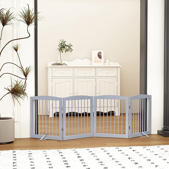 PUPETPO Freestanding Pet Gate for Dogs, Foldable Wooden Dog Gate for House, Indoor Dog Gate for Stair, Doorway, Gates for Dogs Indoor, 80 Inch Wide, 4 Panels 24", Grey