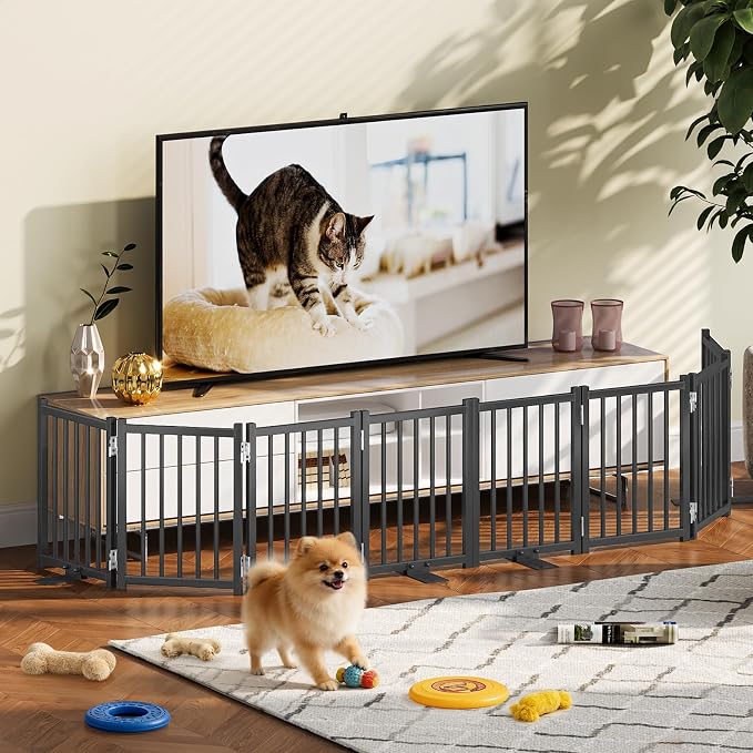 Snughome 2 Pack Short Dog Gate Indoor, 16" High Freestanding Small Dog Gates with Support Feet, Expand Up to 48’’ Wide Foldable Pet Gate for Doorway, 8 Panel Pet Door Pet Fence for Puppy, Black