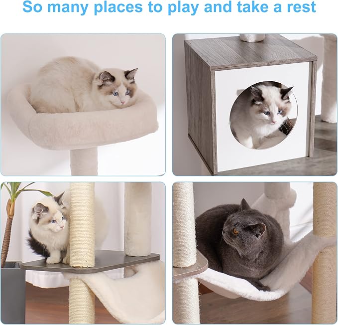 Hey-brother Wooden Cat Tree Tower with Hammock for Indoor Cats, MPJ120SG | 66.14 Inches Modern Scratching Post with Large Condo, Plush Top Platform, Cozy Basket, Bed, Hanging Toys, Rustic Gray