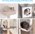 Hey-brother Wooden Cat Tree Tower with Hammock for Indoor Cats, MPJ120SG | 66.14 Inches Modern Scratching Post with Large Condo, Plush Top Platform, Cozy Basket, Bed, Hanging Toys, Rustic Gray