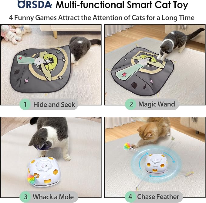 ORSDA 4 in 1 Interactive Cat Toys - Automatic Cat Toys for Indoor Cats & Kittens, 8 Holes Mice Whack-A-Mole, Hide and Seek Smart Motion with 5PCS DIY Replacement Refills