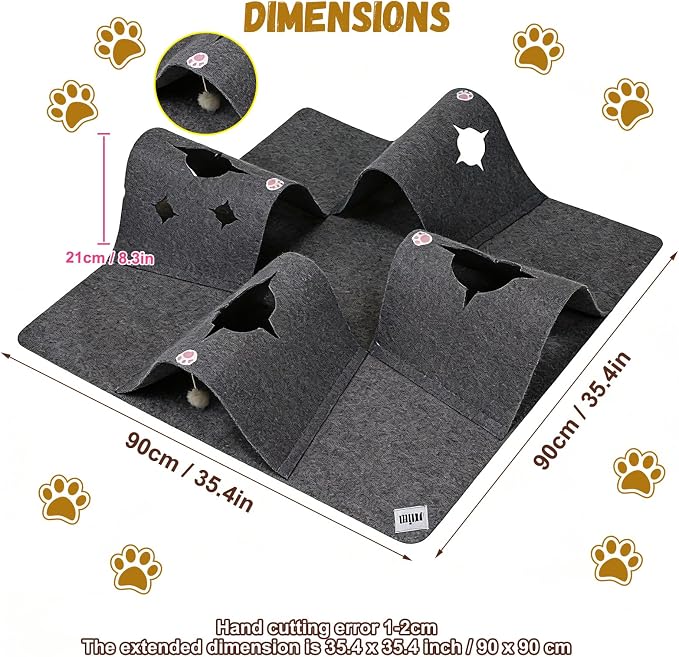 Cat Tunnel Play Mat for Indoor Cats, Felt Interactive Pet Toy with Hidden Ball, Enrichment Activity Rug, Collapsible Cave for Kittens & Small Pets (Dark Gray)