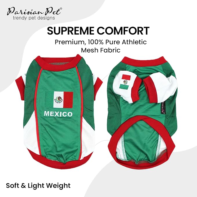 Parisian Pet Dog Mexico Jersey - Breathable Mesh Puppy Football Jersey - Lightweight Stretch Sporty Dog Mexican Outfit - Summer Shirts for Large Dogs - Soccer Jersey for Dogs - Sportswear Pet Clothes