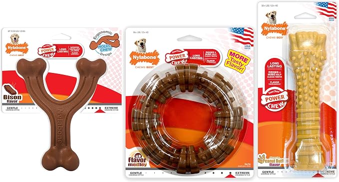 Nylabone Power Chew Customer Favorites Dog Chew Toys, 3 Count, Large | Flavor Medley, peanut butter, and beef flavor, durable dog toys for aggressive chewers, for large breeds up to 50 lbs