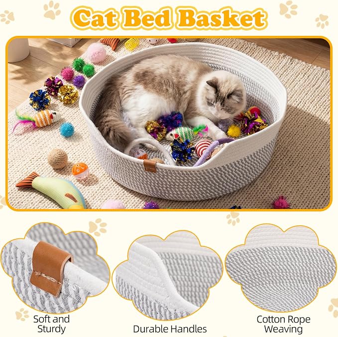 Leitee Sunmmer Cat Bed Storage Basket with 40 Pcs Cat Variety Toys Pack Set Includes Pillows, Spring Toy, Fish, Chew Rope and Balls for Kitten Kitty Swat Hunt Interactive Pet(White,Grey)
