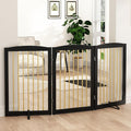 PUPETPO Freestanding Pet Gate for Dogs, Foldable Wooden Dog Gate for House Indoor, Step Over Pet Puppy Safety Fence for Stair, Doorway,Hall, Support Feet Included,3 Panels 32",Black&Gold