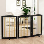 PUPETPO Freestanding Pet Gate for Dogs, Foldable Wooden Dog Gate for House Indoor, Step Over Pet Puppy Safety Fence for Stair, Doorway,Hall, Support Feet Included,3 Panels 32",Black&Gold
