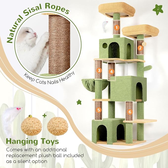 Globlazer F71 Cactus Cat Tree Tall, 71in Cat Tower for Indoor Cats, Green | Multi-Level 3 Condos for Indoor Cats, XL Cat Tree Tower with Scratching Posts, Soft Extra Large Hanging Basket