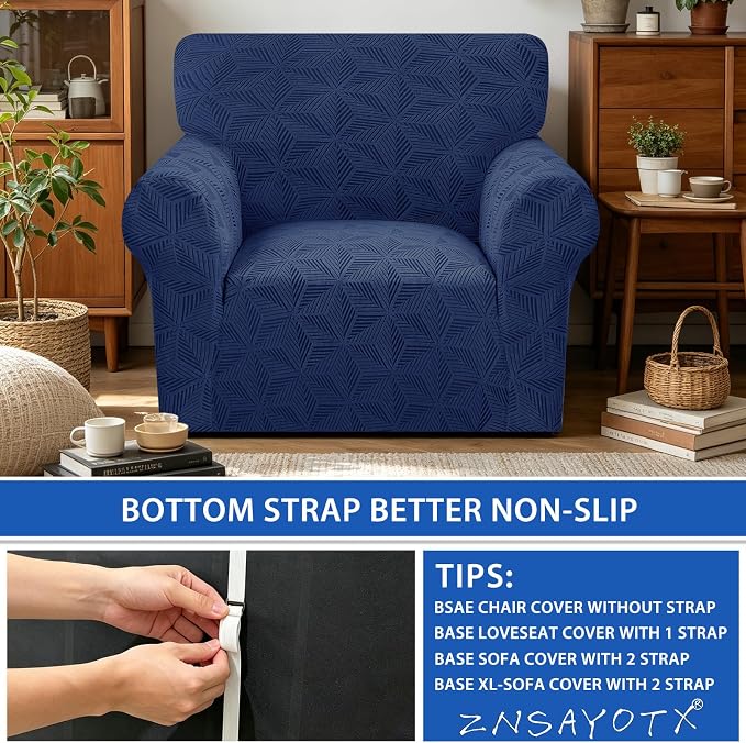 ZNSAYOTX Stretch Chair Cover, 1 Piece Couch Covers for 1 Seat Sofa, Jacquard Armchair Slipcovers with Elastic Bottom Thickened Furniture Protector for Dog Cat Pet (Small, Navy Blue)