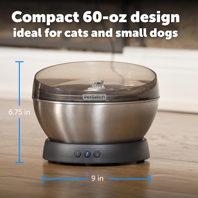 PetSafe HydroSphere 60 oz Stainless Steel Pet Fountain - Filtered Water Fountain for Cats and Small Dogs - Dishwasher Safe - Quiet, Wire-Free Pump - Easy to Clean