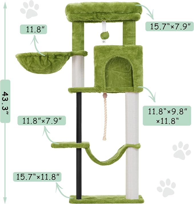 Gitelsnour Cat Tree, 43.3'' Cat Tower with Hammock for Kittens GCT004SGR | Cat Condo House for Small Indoor Cats, Basket, Scratching Post, Large Platform, Sturdy Steel Tube, Sisal Rope, Green