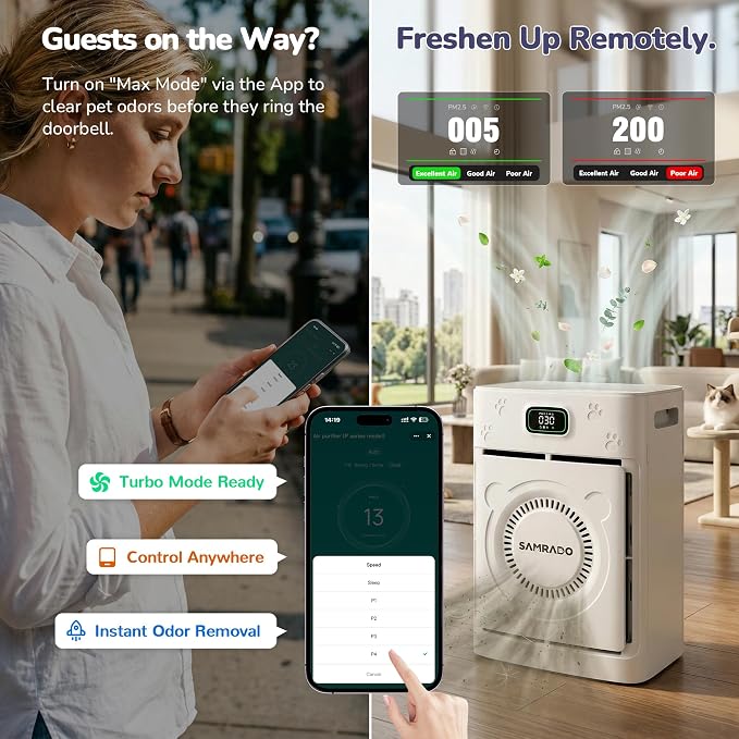 Pet Air Purifier, Dual-sided Washable H13 HEPA, 2500 Sq Ft, App | Dual-Sided Pet Hair Intake, Smart APP Control, Washable Pre-Filter, PM2.5 Sensor, Auto mode, 25 dB Sleep Mode, Child Lock