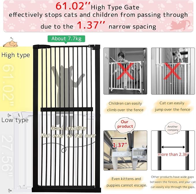 Lumizone 61.02" Extra Tall Pet Gate for Cat Dog 30.12"-34.05" Wide Black | Extra Tall Cat Gate for Doorway Hallway Stairs Pressure Mounted 1.37" Gap No Drilling Auto-Close Dual-Lock
