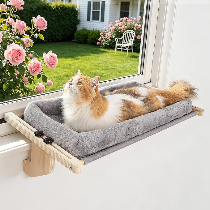 Cat Sill Window Perch - 100% Natural Pine Frame, Soft Plush Fleece Cushion, Tool-Free Adjustment, Supports 55 lbs (Extra Large-Grey)