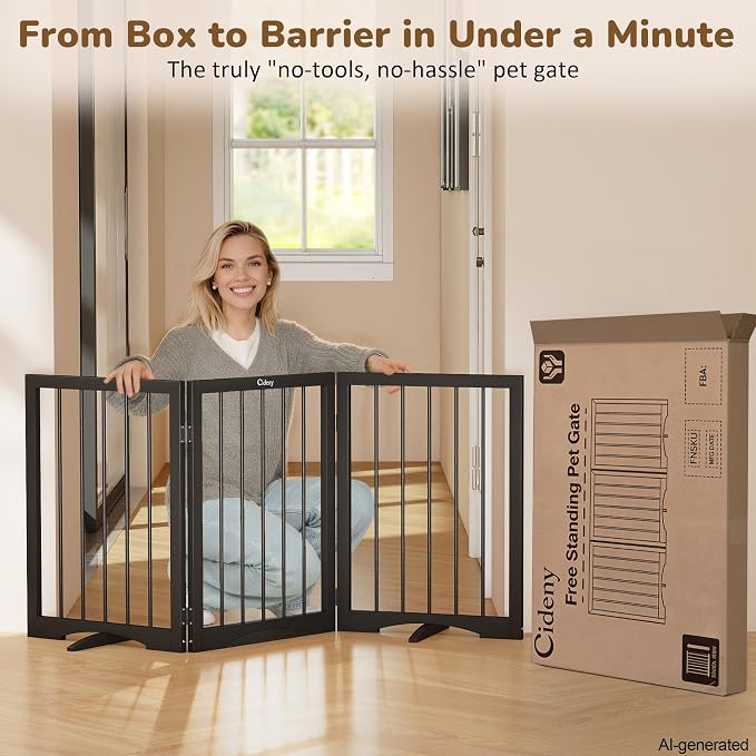 Free Standing Dog Gate Indoor, Foldable Dog Gate for Doorways Stairs | 3-Panel Freestanding Pet Gate with Support Feet for Stability, Folding Puppy Gate Easy to Move, Doggy Gate 54"x24", Black