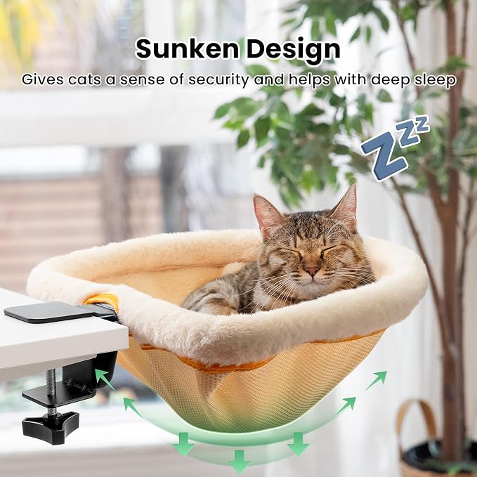 JUNSPOW Cat Desk Bed One-Click Folding Maximum Holds 40lb, Cream Fur | Sunken Design & Space-Saving Semi-Circular Cat Bed, Soft Faux Rabbit Fur Material, Suitable for Various Desktops