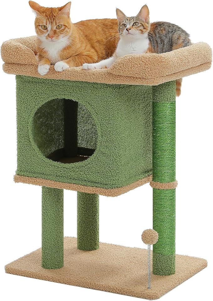 PAWZ Road 26”Cat Tower Cactus Cat Tree for Small Space | Cat Scratching Post with Large Perch 19x13" for 2 Small Cats,Cozy Cat Condo & Spring Ball Compact for Narrow Space & Corner